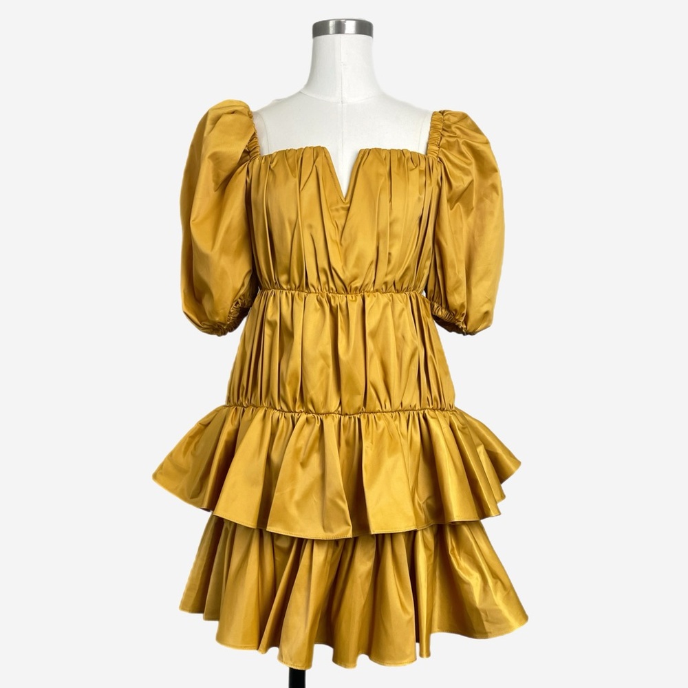 ASOS NWT mustard yellow tiered puff sleeve ruffle pleated dress fall event XS/S